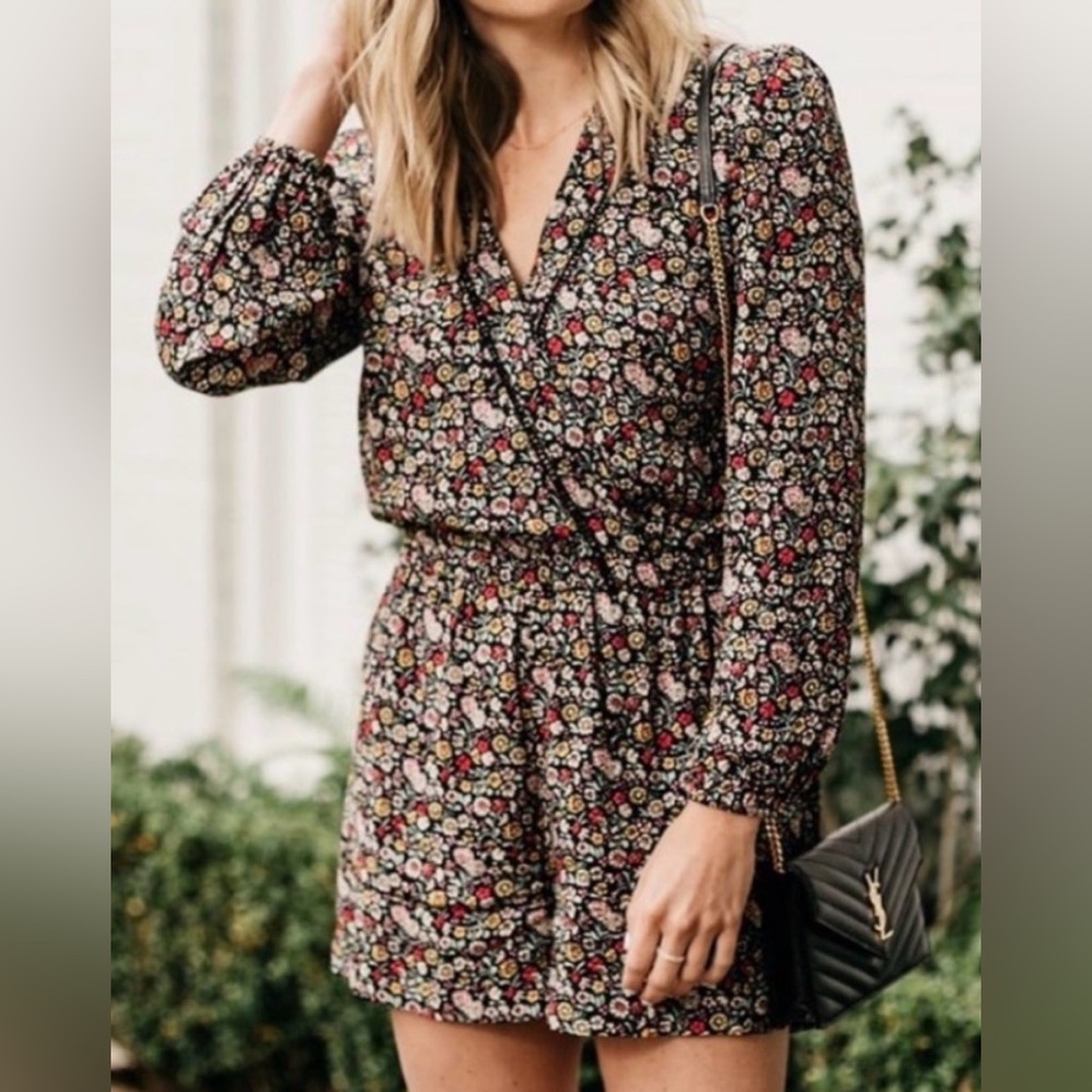 LOFT Black Floral Faux Wrap Romper with Multicolor Blooms